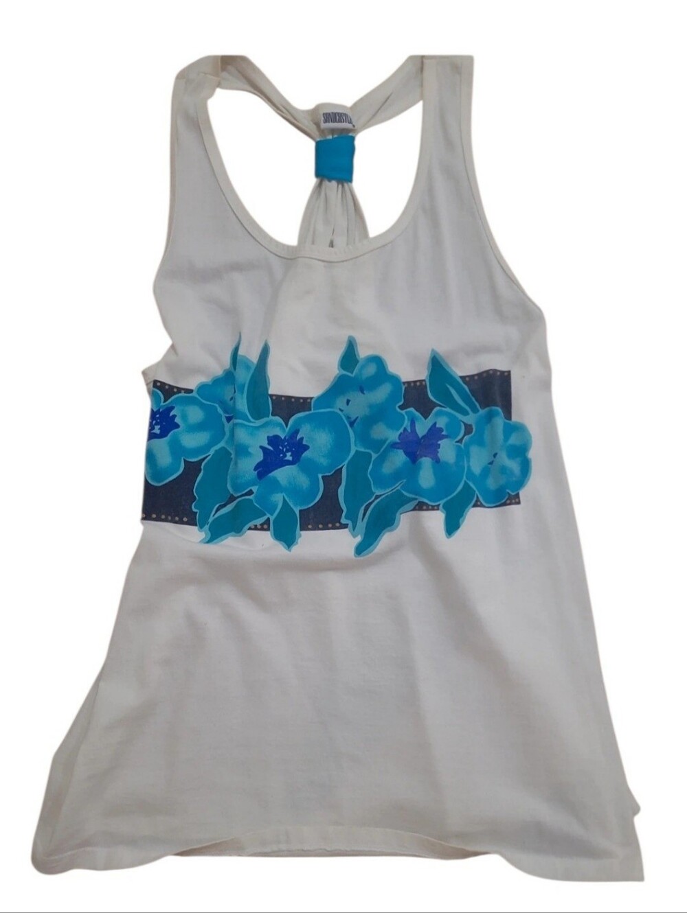 White Tank Top with Blue Floral Band